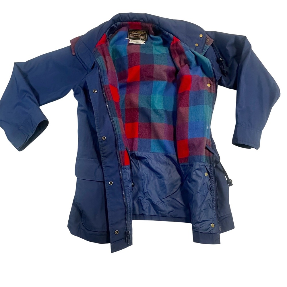 Eddie Bauer Women Chore Coat Navy Blue Plaid Lined Hooded Field Jacket Size XS‎